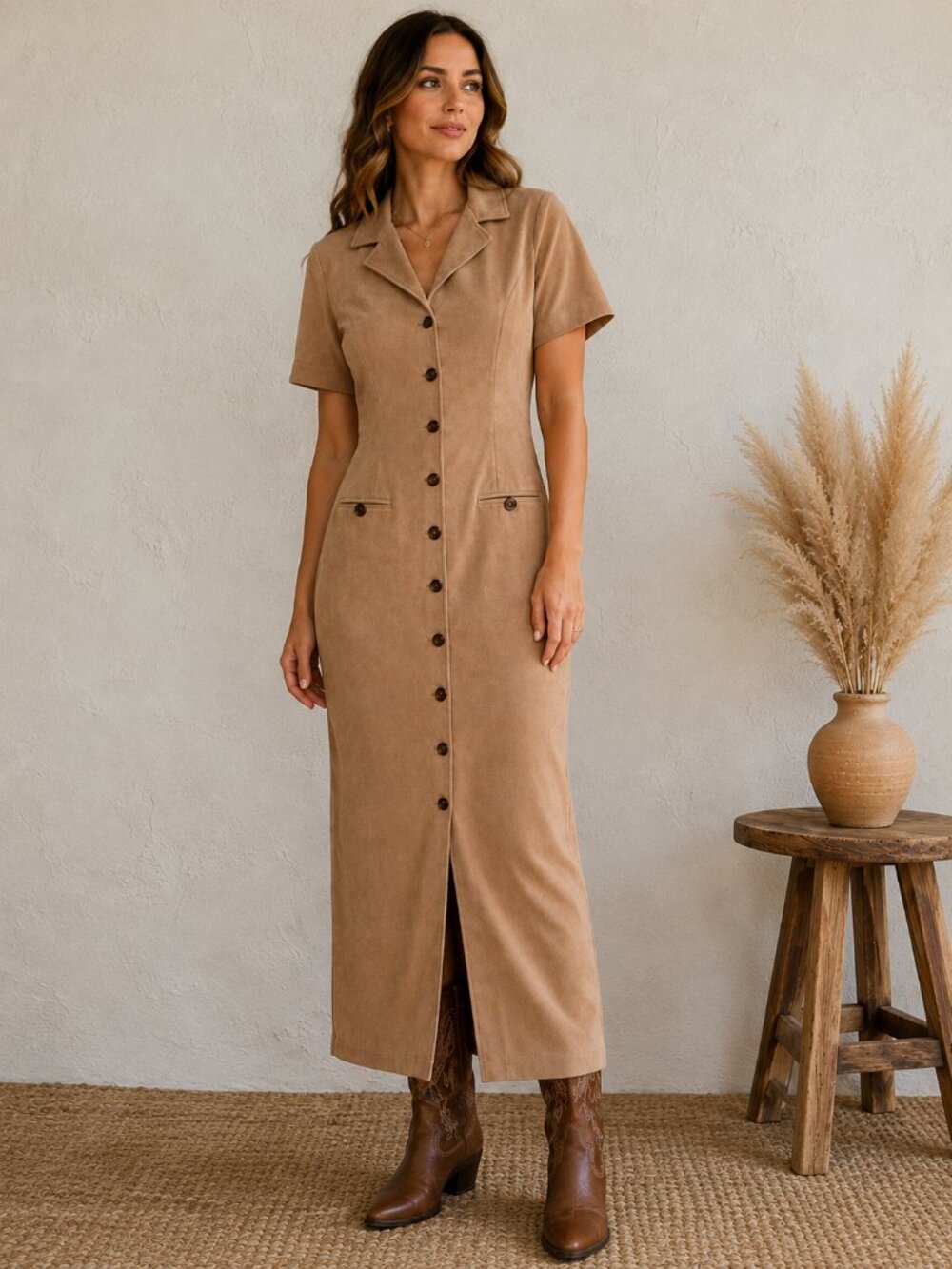 Vintage R&K Originals Brown Faux Suede Shirt Dress Long Button Front Western 90s